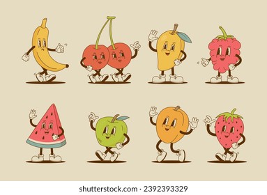 Conjunto de personajes de la fruta de dibujos animados retro. Fresa, sandía, cereza, albaricoque, manzana, mango, frambuesas, mascota de plátanos. Ilustración vectorial vintage. 