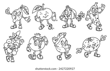 Set of retro cartoon fruit characters. Retro fruit grooves with emotions, in different poses. Modern illustration with cute comic book characters. Hand-drawn doodles of comic book characters. Contour