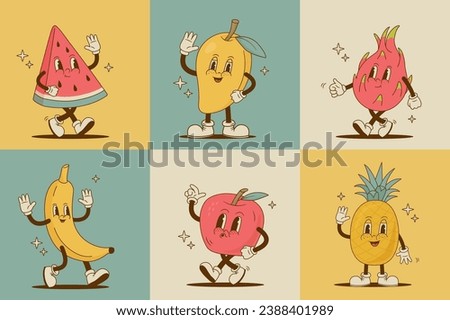 Set of retro cartoon fruit characters. Funny watermelon, pineapple, apple, mango, banana,  pitaya mascot. Vintage vector illustration. Nostalgia 70s, 80s Imagine de stoc © 