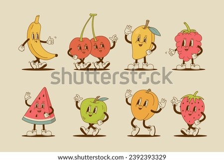 Set of retro cartoon fruit characters. Strawberry, watermelon, cherry, apricot, apple, mango, raspberries, banana mascot. Vintage vector illustration. 