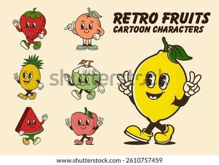 Set of retro cartoon fruit characters, mascot characters including lemon, strawberry, apple, peach, pineapple, watermelon, and more. Vintage vector illustration