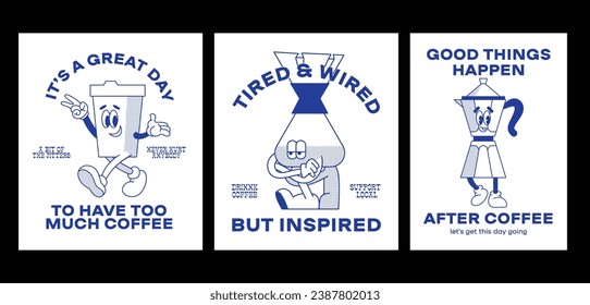 Set of retro cartoon funny characters posters. Vintage drink illustration. Latte, cappuccino, coffee cup, fresh juice mascot. Nostalgia 60, 70s, 80s. Print for cafe. Vector isolated on background