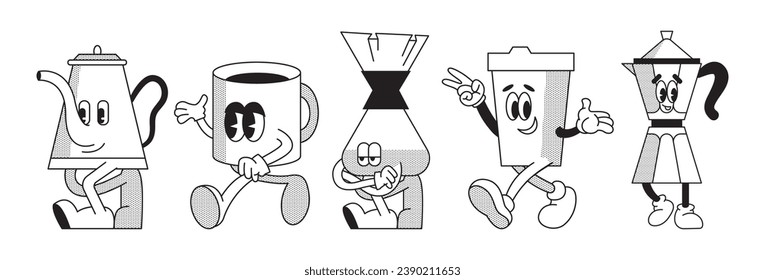 Set von Retro Cartoon lustige Figuren Maskottchen Stil. Vintage Drink Illustration. Latte, Cappuccino, Kaffeetasse, Frischsaft-Maskottchen. Nostalgie 60, 70, 80. Drucken Sie für ein Café. Vektorgrafik einzeln auf Hintergrund