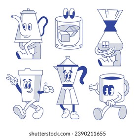 Set of retro cartoon funny characters mascot style. Vintage drink illustration. Latte, cappuccino, coffee cup, fresh juice mascot. Nostalgia 60, 70s, 80s. Print for cafe. Vector isolated on background