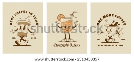 Set of retro cartoon funny characters posters. Vintage drink vector illustration. Latte, cappuccino, coffee cup, fresh juice mascot. Nostalgia 60, 70s, 80s. Print for cafe Imagine de stoc © 