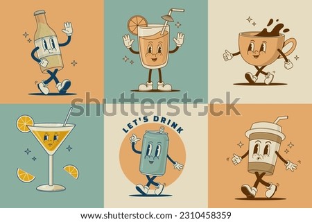 Set of retro cartoon funny characters. Martini coctail, coffee cup, cappuccino, latte, fresh juice, beer, soda can mascot. Vintage drink vector illustration. Nostalgia 60s, 70s, 80s
