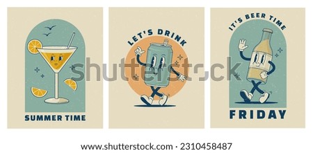 Set of retro cartoon funny characters posters. Vintage drink vector illustration. Martini coctail, beer, soda can mascot. Nostalgia 60, 70s, 80s