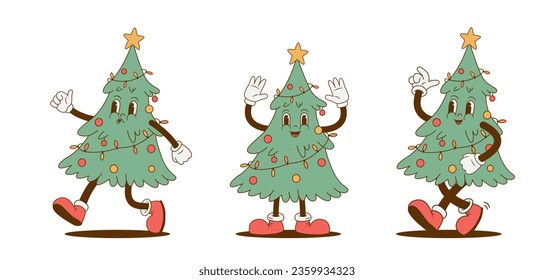 Set of retro cartoon funny Christmas tree characters. Vintage Xmas mascot vector illustration. Nostalgia 60s, 70s, 80s. Happy New Year decoration