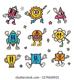 Set with retro cartoon funny comic characters with gloved hands. Contemporary mascots with cute comic faces. Vintage vector illustration.