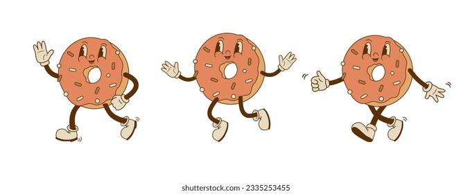 Set of retro cartoon funny donut characters. Bakery mascot. Vintage street food vector illustration. Nostalgia 