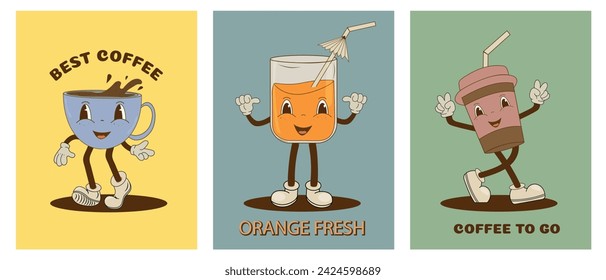 Set of retro cartoon funny drinks characters. Cup of coffee, latte, freshly squeezed orange juice. Retro mascots. Vintage vector illustration for cafe design.