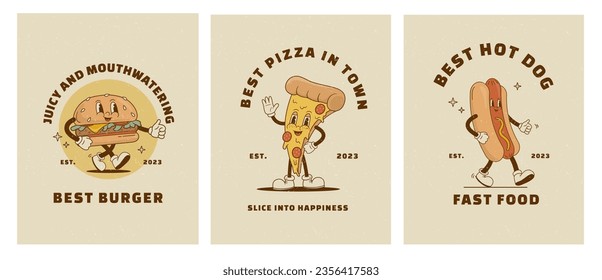 Set of Retro cartoon funny fast food character posters. Vintage street food burger, pizza and hot dog mascot vector illustration for cafeteria. Nostalgia 60s, 70s, 80s