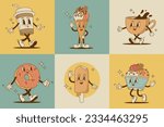 Set of retro cartoon funny food and drink characters. Coffee cup, cappuccino, latte, ice cream, donut mascot. Vintage dessert for cafeteria vector illustration. Nostalgia 