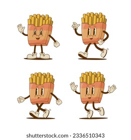 Set of retro cartoon funny french fries characters, mascot. Vintage fast food vector illustration. Nostalgia 