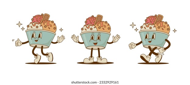 Set of retro cartoon funny  Ice cream characters with different poses. Icecream scoop mascot. Vintage street food vector illustration. Nostalgia 60s, 70s, 80s