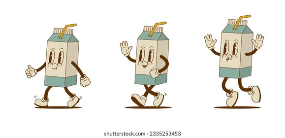 Set of retro cartoon funny milk characters, mascot. Vintage vector illustration. Nostalgia 60s, 70s, 80s