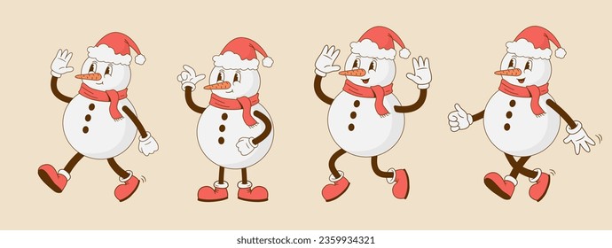 Set of retro cartoon funny snowman characters. Vintage Christmas mascot vector illustration. Nostalgia 60s, 70s, 80s. Happy New Year