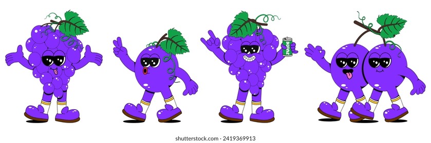 Set of retro cartoon grape characters. A modern illustration featuring cute grape mascots in different poses and emotions, creating a 70's comic book vibe.