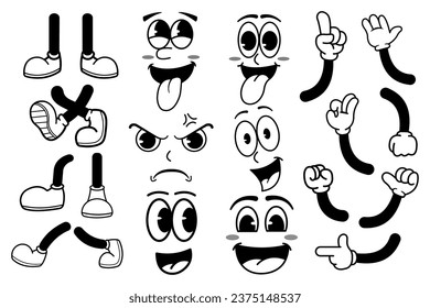 Set of Retro Cartoon hand drawn face expressions legs and hands in gloves. Vector illustration