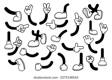 Set of retro cartoon hand gestures and feet in shoes. Vector illustration