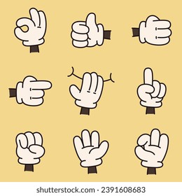 Set of retro cartoon hands on a yellow background depicts a variety of gestures, including thumbs-up, open palm, pointing finger, and others