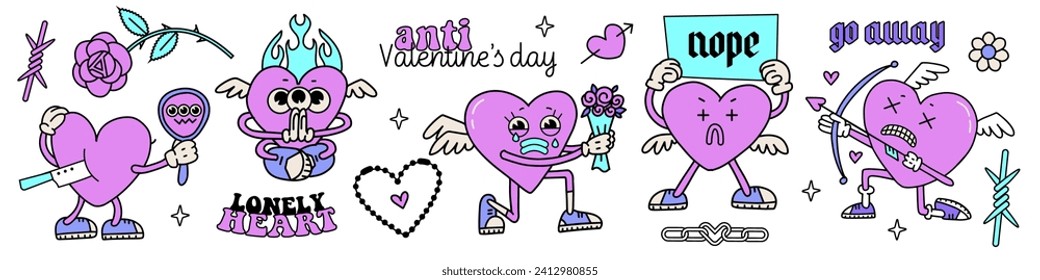 Set of retro cartoon hearts and funny grungy elements. Collection of comic characters in trendy y2k psychedelic weird cartoon style. Trendy neon 2000s Anti valentines day concept. Vector illustration