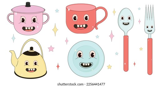 Set retro cartoon kitchenware characters.Kitchenware set.90s retro vibes.Flat vector illustrations of cookware objects of comic characters.Hand drawn of comic characters. 2000s. Set in cartoon style.