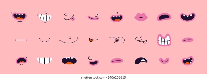 Set of retro cartoon mouths, groovy comic characters different face expressions, old animation. Emotions like happy, sad, angry, wonder. Trendy modern vector illustration, hand drawn, flat design