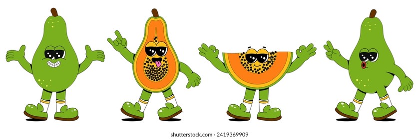 Set of retro cartoon papaya characters. A modern illustration of cute papaya mascots in different poses and emotions, creating a 70's comic book vibe.