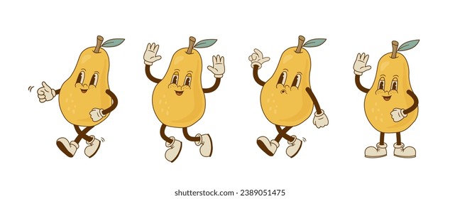 Set of retro cartoon pear characters in different poses and emotion. Smiling fruit mascot on white background. Nostalgia vector illustration.