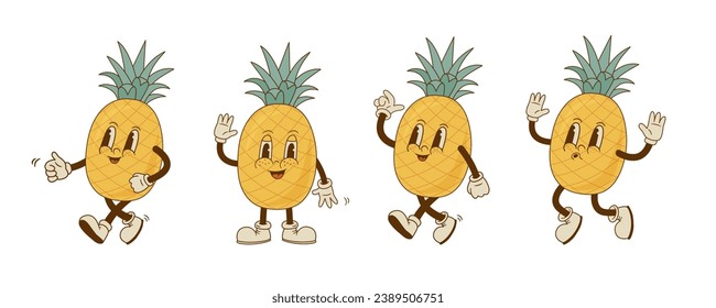 Set of retro cartoon pineapple characters in different poses and emotion. Vintage smiling fruit mascot. Vector illustration.