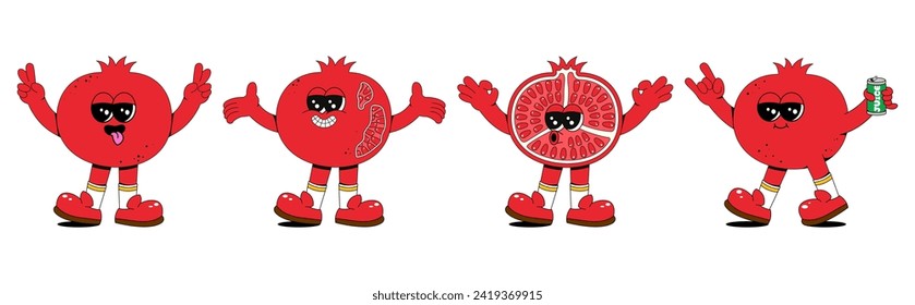 Set of retro cartoon pomegranate characters. A modern illustration featuring cute pomegranate mascots in different poses and emotions, creating a 70's comic book vibe.