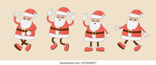 Set of retro cartoon Santa Claus character. Merry Christmas mascot. Happy New year. Vector illustration