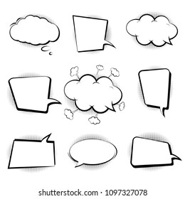 Set retro of cartoon, speech sketch. Comic speech bubbles. Empty dialog Clouds in pop art style. Sketch black and white. Vector Illustration