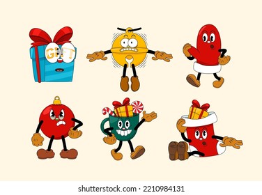 Set of retro cartoon stickers with funny comic characters. Cute comic gloved hands characters in Contemporary style. Doodle Comic characters for holiday of the new year and christmas.
