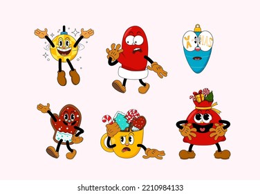 Set of retro cartoon stickers with funny comic characters. Cute comic gloved hands characters in Contemporary style. Doodle Comic characters for holiday of the new year and christmas.