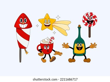 Set of retro cartoon stickers with funny comic characters. Cute comic gloved hands characters in Contemporary style. Doodle Comic characters for holiday of the new year and christmas.