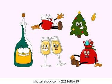 Set of retro cartoon stickers with funny comic characters. Cute comic gloved hands characters in Contemporary style. Doodle Comic characters for holiday of the new year and christmas.