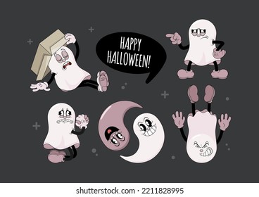 Set of retro cartoon stickers with funny comic ghosts. Cute comic gloved hands characters in Contemporary style. Doodle comic characters for autumn holiday of the halloween.
