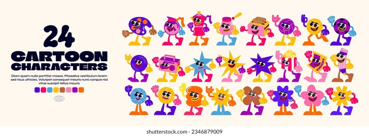 Set retro cartoon stickers with funny comic characters, gloved hands.Geometric illustration with cute comics characters.. Set in modern cartoon style