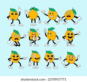 Set of retro cartoon stickers with funny comic Lemon characters, gloved hands. Contemporary illustration with cute comic characters. Comic lemon characters with arms and legs. Cartoon style set.