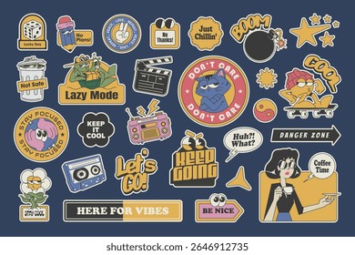 a set of retro cartoon stickers with vintage-style artwork, expressive poses, and trendy slogans, vector illustration