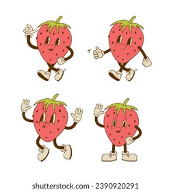 Set of retro cartoon strawberry characters in different poses and emotion. Smiling berry mascot vector illustration.