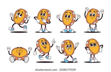 Set Of Retro Cartoon Style Tambourine Musical Instrument With Various Facial Expressions, Emotions And Poses