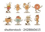 Set of retro cartoon sweet food and drink characters vector illustration. Vintage donut, juice, coffee, latte, ice cream, smoothie mascot on white background. Funny dessert collection