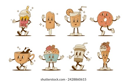 Set of retro cartoon sweet food and drink characters vector illustration. Vintage donut, juice, coffee, latte, ice cream, smoothie mascot on white background. Funny dessert collection