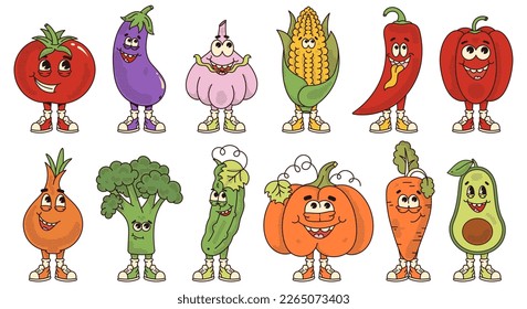 Set retro cartoon vegetables characters. Modern illustration with cute comics characters. Hand drawn doodles of comic characters. Set in modern cartoon style. 70s retro vibes.