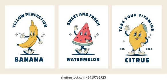 Set of retro cartoon watermelon, banana, lemon characters print, poster. Vintage tropical fruit, citrus mascot vector illustration. 