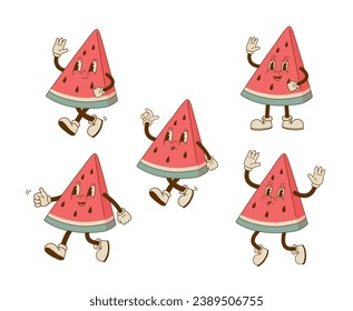Set of retro cartoon watermelon characters in different poses and emotion. Smiling summer fruit mascot. Vector illustration.