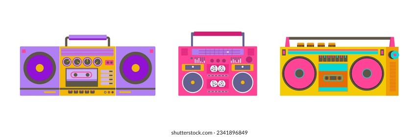 Set of retro cassette recorders.. Music player. boombox 90s style. Back to 90s. Old fashioned vintage tape recorder. Nostalgia for 1990s, 2000s. Neon colors. Vector illustration